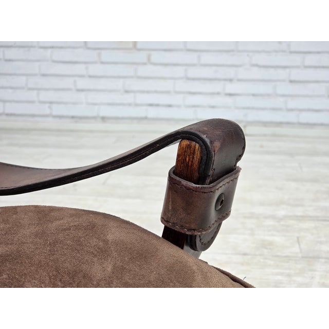 1970s, Scandinavian lounge chair. Brown furniture nubuck leather, canvas, dark beech wood. Original good condition: no...