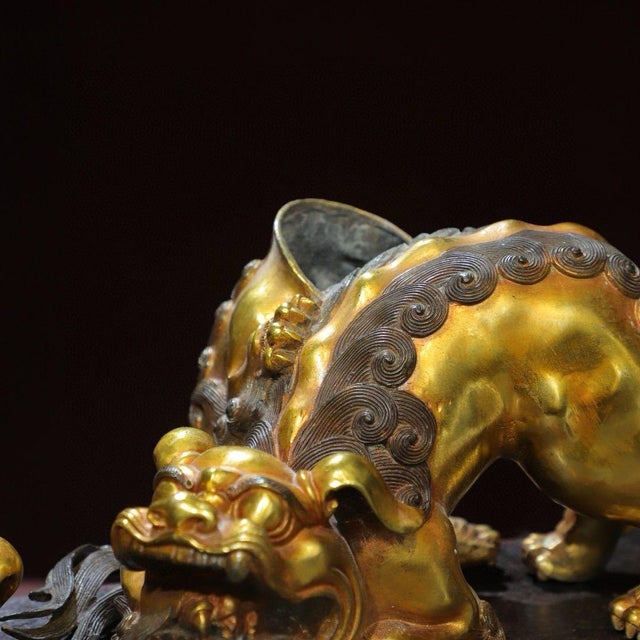 Bronze Gilt Bronze Guardian Lion Incense Burner – 9.5" Foo Dog Censer With Cub & Ball Motif For Sale - Image 8 of 9