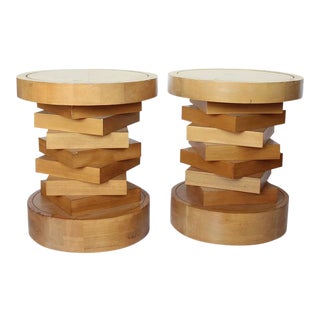 Mid-Century Wood & Travertine Side Tables - A Pair