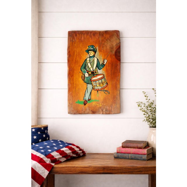American Folk Art - Civil War Union Soldier Drummer Boy Painting on Hand Hewn Wood - Artist Signed 1968 For Sale - Image 10 of 10