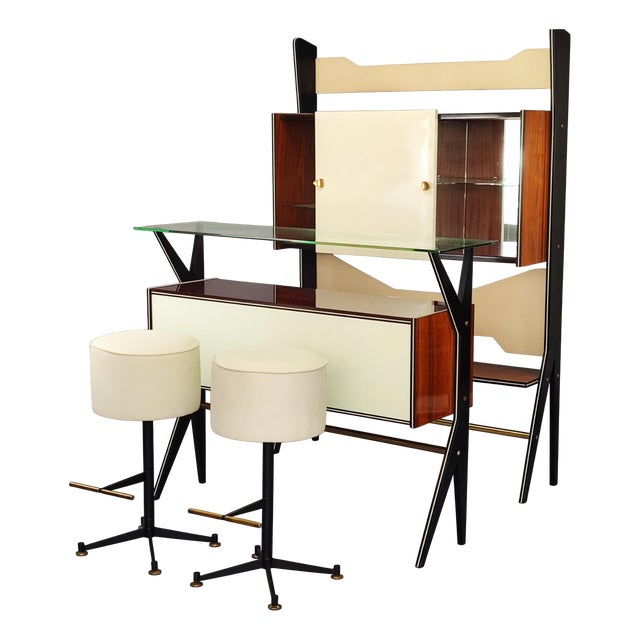 Italian Bar Cabinet with Counter & Stools, 1950s, Set of 4 For Sale