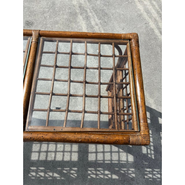 1970s Boho Chic Brown Lattice Rattan Rectangular Sofa Console Table With Glass Top For Sale - Image 4 of 12