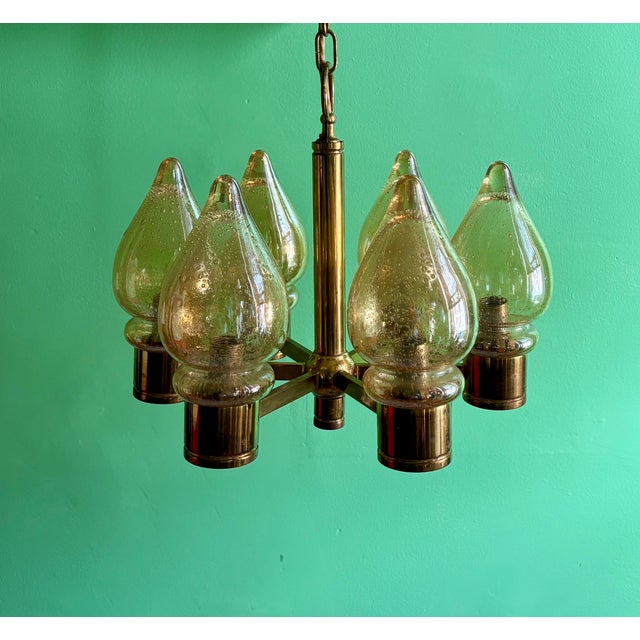 Six-armed brass chandelier with glass domes, Scandinavian lamp manufacturer, second half of the 20th century.