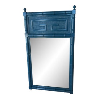 Vintage Palm Beach Blue Lacquered Greek Key Faux Bamboo Wall Mirror For Sale