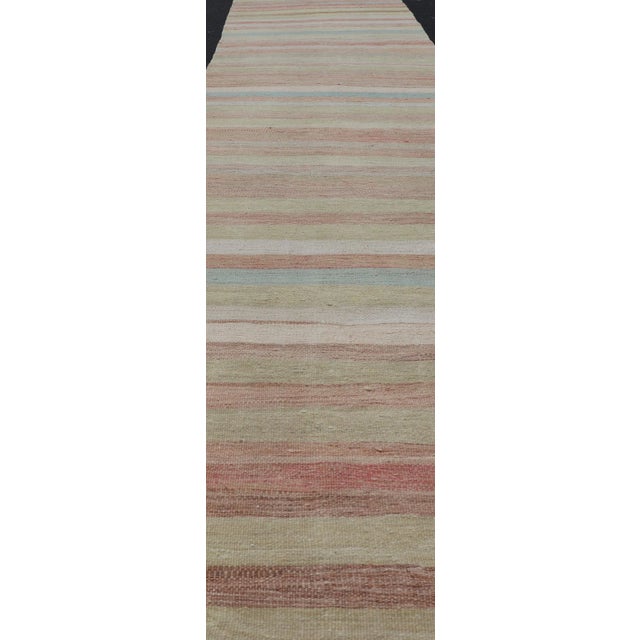 Textile Mid 20th Century Very Long Vintage Turkish Kilim Runner With Stripe Design in Soft Colors For Sale - Image 7 of 11