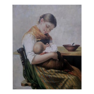 Mid-20th Century Signed T. Parker - Mother and Child Interior Scene, Oil on Canvas For Sale