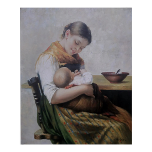 Mid-20th Century Signed T. Parker - Mother and Child Interior Scene, Oil on Canvas