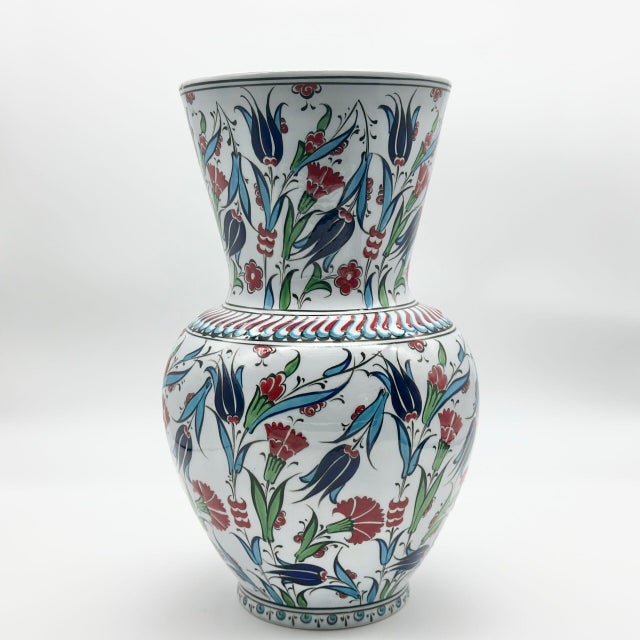 Handmade Ceramic Vase (30cm) Traditional Turkish Carnation & Tulip Pattern – Classic Flared Neck Decor For Sale - Image 4 of 6