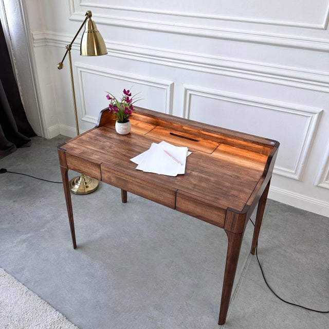 Handcrafted Mid-Century Modern Walnut Writing Desk With Led Lighting, Drawer, and Built-in Cable Management For Sale - Image 18 of 18
