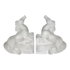 Pair of Lalique Frosted Crystal Kazak Horse Sculpture Bookends