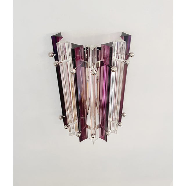 Purple Vintage Clear and Amethyst Triedri Murano Glass Column Model Wall Sconces, Set of 2 For Sale - Image 8 of 15