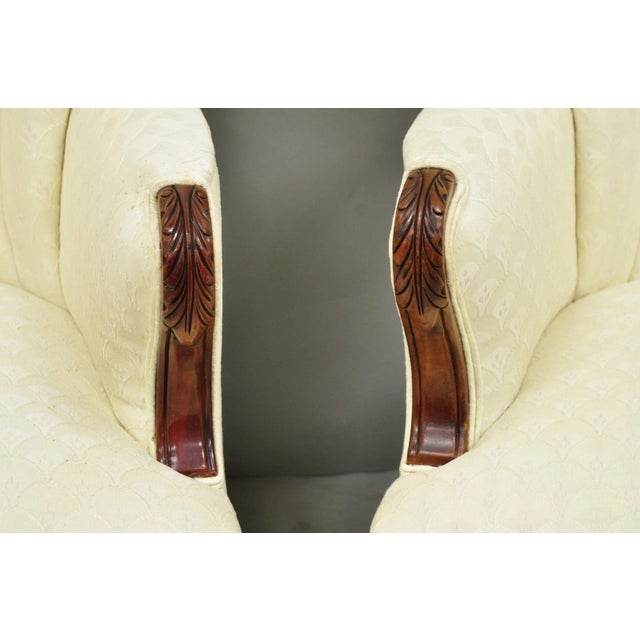 Vintage French Art Deco Style Channel Wingback Mahogany Lounge Arm Chairs - Pair For Sale In Philadelphia - Image 6 of 16
