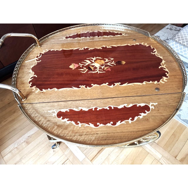 Vintage Brass and Marquetry Bar Cart, Italian Style Drinks Trolley with Folding Leaves, 1960s, 1970s For Sale - Image 3 of 18
