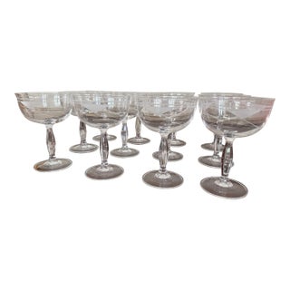 Vintage 1970s/80s Etched Champagne Coupe Glasses — Art Deco Modernist Abstract Geometric Design- Set of 12 For Sale