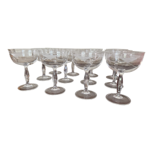 Vintage 1970s/80s Etched Champagne Coupe Glasses — Art Deco Modernist Abstract Geometric Design- Set of 12