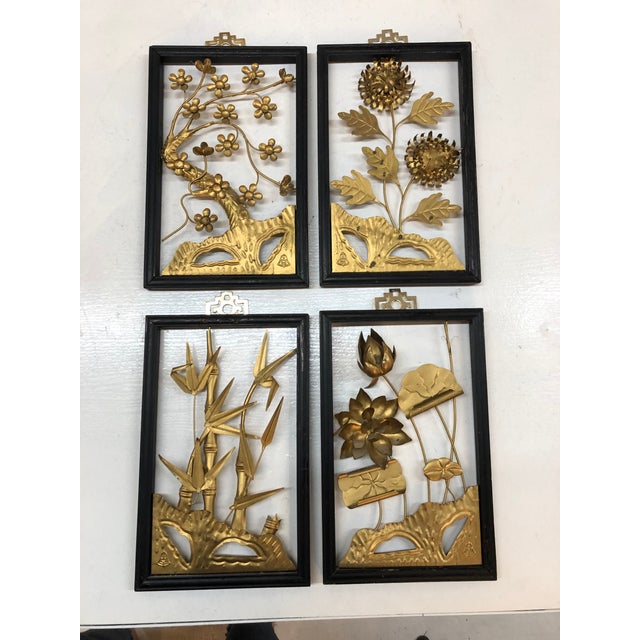 Mid Century Four Seasons Asian Style Brass Sculptural Panels