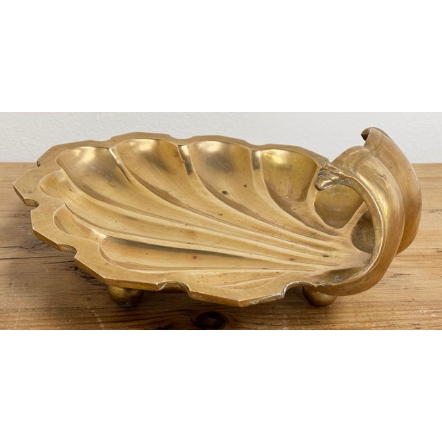 Metal Oversized Vintage Brass Shell Motif Dish on Ball Feet For Sale - Image 7 of 11
