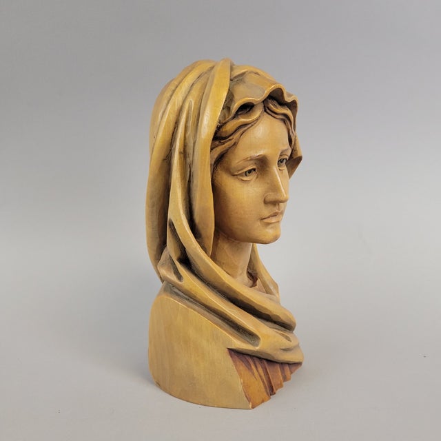 Wood Anri Hand-Carved Virgin Mary Bust – Italy, Mid-Century Carved Wood For Sale - Image 7 of 9