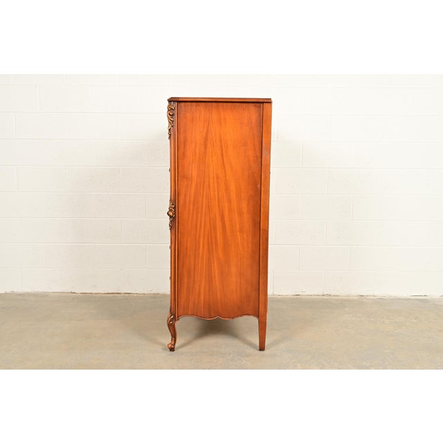Romweber Style Antique French Provincial Louis XV Carved Satinwood and Burl Wood Highboy Dresser, Circa 1920s For Sale - Image 10 of 12