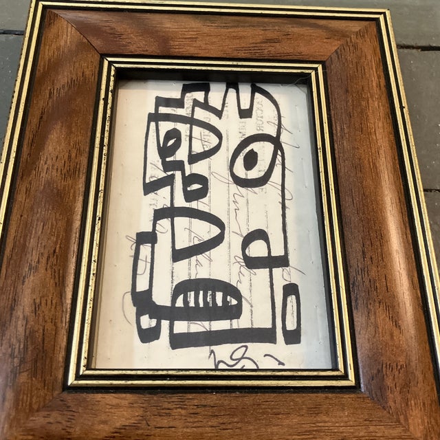 Original 3 x 5 marker drawing done on vintage hand written papers signed bottom Overall size with vintage photo frame is 6...