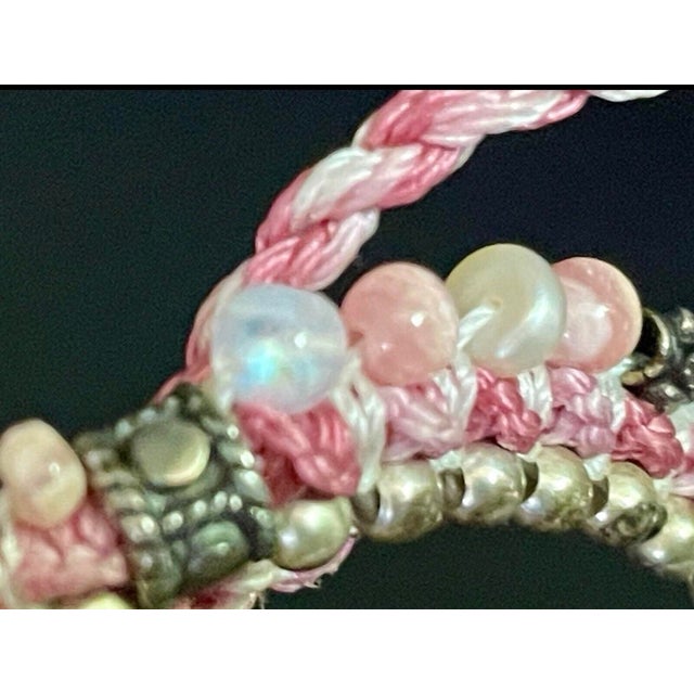 1980s Australian Rainbow Opal, Pearl and Rhodonite in Thick Sterling Silver Cabochons on Knotted Silk Chord. For Sale - Image 4 of 8