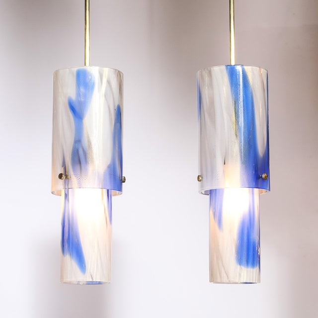Metal Set of 4 Mid-Century Blue & White Murano Glass Cylindrical Pendants by Venini For Sale - Image 7 of 18