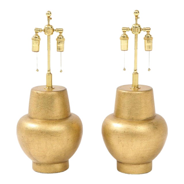 Pair of James Mont Design Gilt Leafed Lamps For Sale