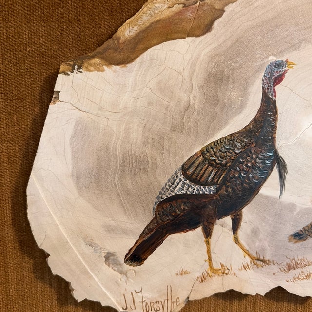 Frame is handmade. Very well matted on velvet. Strikingly realistic painting of 2 turkeys on cross cut of wood by an...