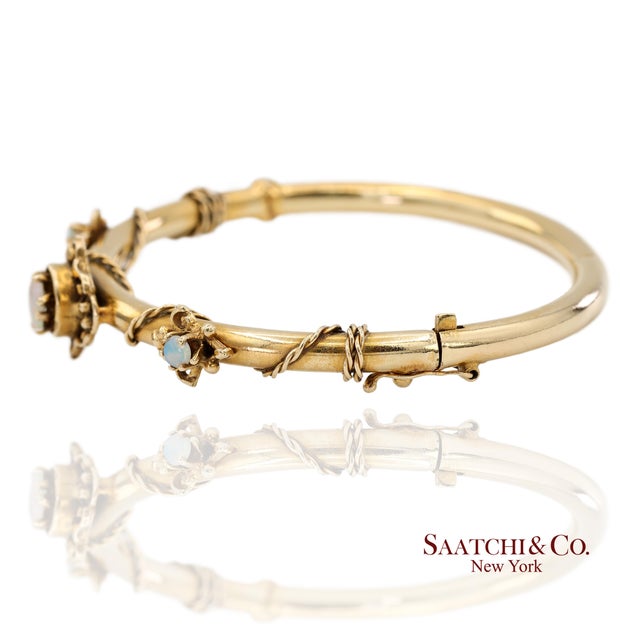 Contemporary Vintage 14k 585 Solid Yellow Gold Natural Opal Bangale Bracelet For Sale - Image 3 of 12