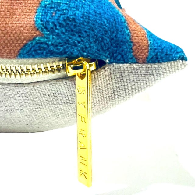 Cerulean Blue on Tan Suzani Pillow - Down Filled For Sale - Image 10 of 11