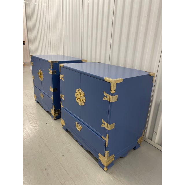 Mid-Century Modern 1970s Mid-Century Campaign Nightstands – Pair | Satin Lacquer “New York State of Mind” Blue With Brass For Sale - Image 3 of 12