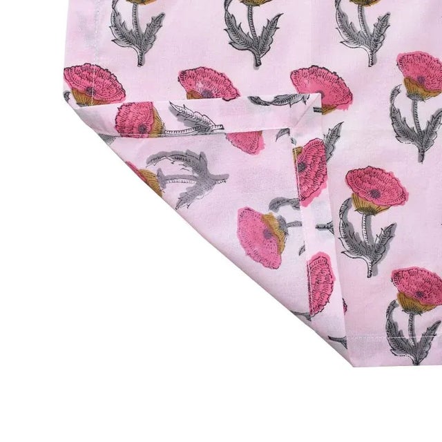 2020s 4 Pink and Green Floral Block Print Table Napkins - India Set of Four For Sale - Image 5 of 7