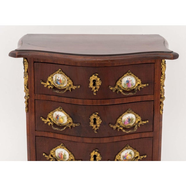 French Louis XVI Style Porcelain and Gilt Metal Mounted Mahogany Diminutive Commode For Sale - Image 3 of 9