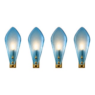 Luxury Italian Light Blue Sanded Leaf Murano Glass Wall Sconces, 4 Pieces For Sale