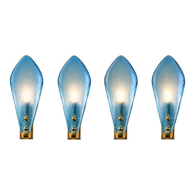 Luxury Italian Light Blue Sanded Leaf Murano Glass Wall Sconces, 4 Pieces For Sale