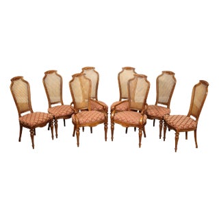 Italian Provincial Style Set of Eight Walnut Cane Back Dining Chairs For Sale