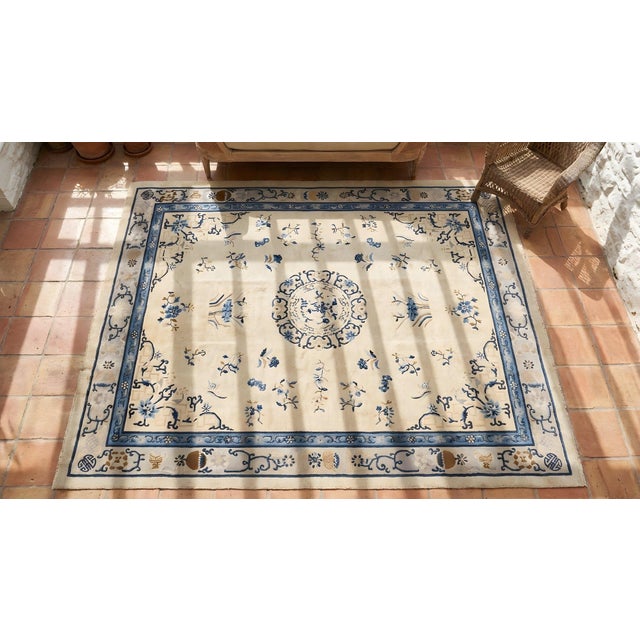 Room Size Ivory and Blue Color Classic Design Antique Chinese Peking Rug For Sale - Image 11 of 11