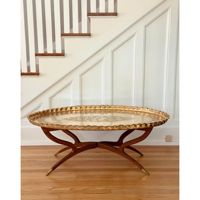 Moroccan 1960s Mid-Century Etched Brass & Wood Oval Tray Coffee Table For Sale - Image 3 of 10