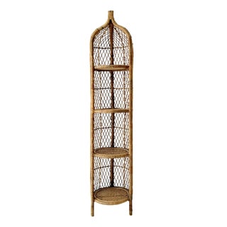 Vintage Boho Wicker Four-Tier Estagere Cylindrical Shelving Unit, 1970s For Sale