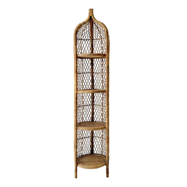 Vintage Boho Wicker Four-Tier Estagere Cylindrical Shelving Unit, 1970s For Sale