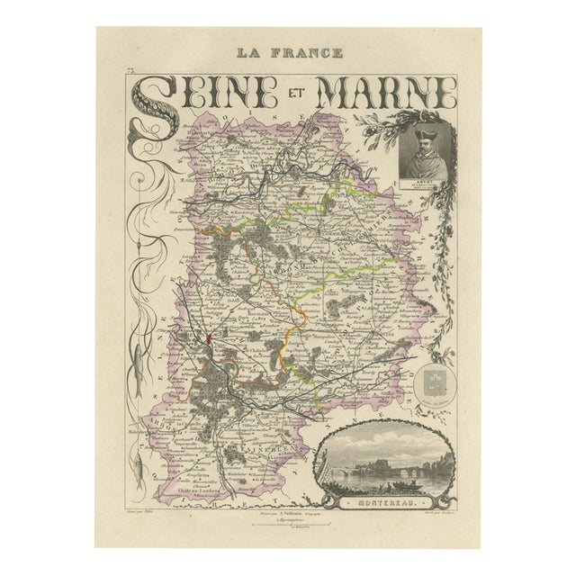 Antique Map of Seine-Et-Marne, Fontainebleau and Amyot, 1860 For Sale