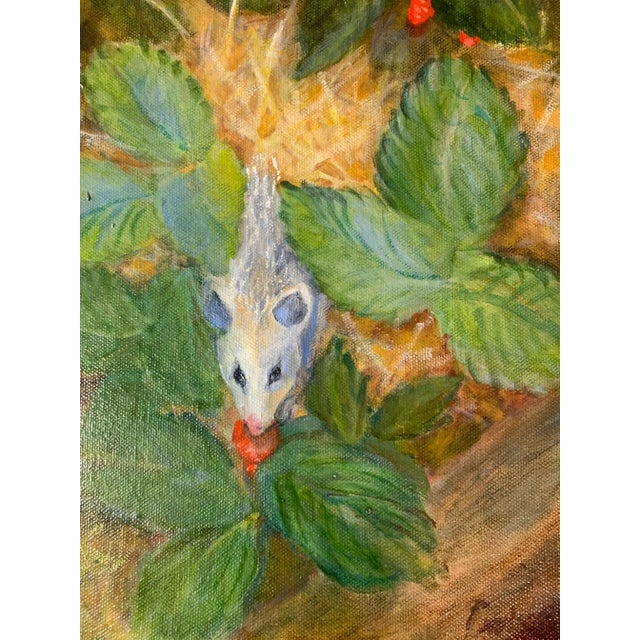 Rustic 1990s "Field Mouse in Strawberry Patch" Outdoor Still Life Oil Painting For Sale - Image 3 of 7
