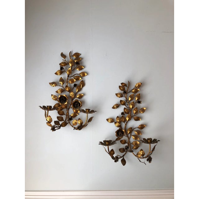 Florentine Magnifico Pair of Grand Italian Gilt Iron & Tole Floral Motif Candle Sconces – Lavish, Ornate, and Electrification-Ready For Sale - Image 4 of 4