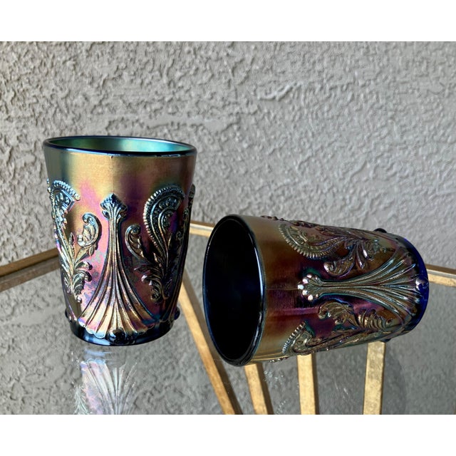 Circa 1969 St. Clair Glass Inverted Fan & Feather Carnival Reproduction Iridescent Glass Tumblers – A Pair For Sale - Image 9 of 18