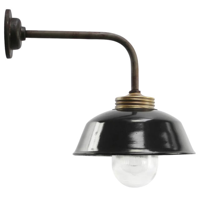 Vintage Industrial Black Enamel, Brass and Clear Striped Glass Wall Light For Sale