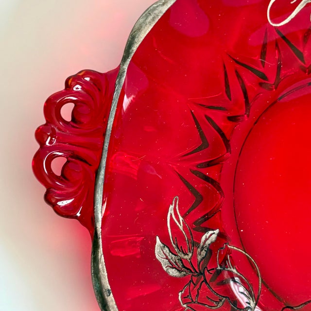 Ruby Red Vintage 40th Anniversary Ruby Red Glass Handled Plate With Silver Floral Overlay, 13” For Sale - Image 8 of 9