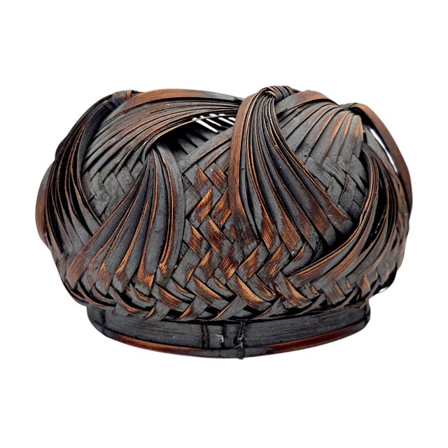 Japanese Showa Period Bamboo Ikebana Basket With Ajiro Weave 8" For Sale - Image 9 of 11