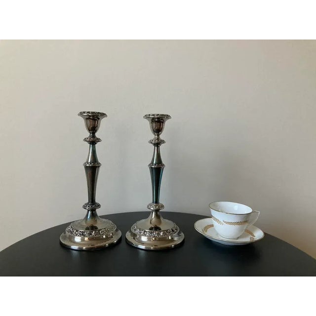 English Georgian Design Silver Plate Tall Candlesticks- A Pair For Sale - Image 12 of 12