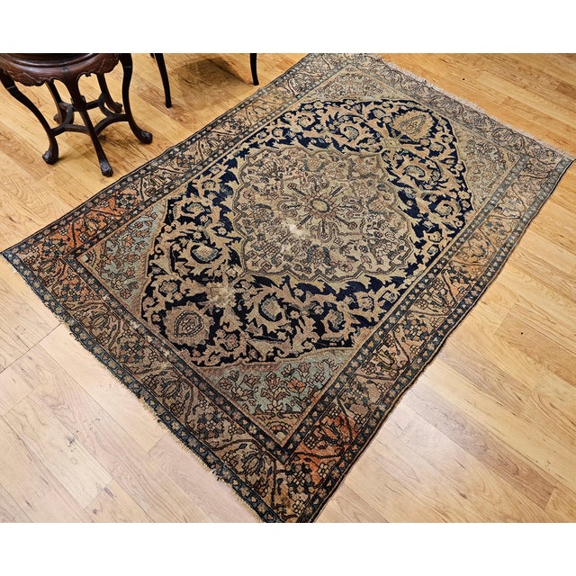 Persian 19th Century Persian Farahan Sarouk Rug, Handwoven Floral Pattern, Ivory & Navy, 5’ X 6’ For Sale - Image 3 of 5
