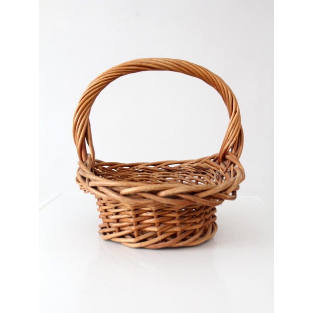 Wood Vintage Woven Wicker Gathering Basket With Twisted Handle For Sale - Image 7 of 13